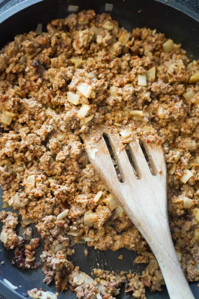 ground beef mixture in a frying pan