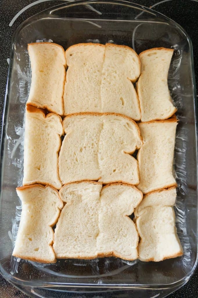 bread slices in a baking dish