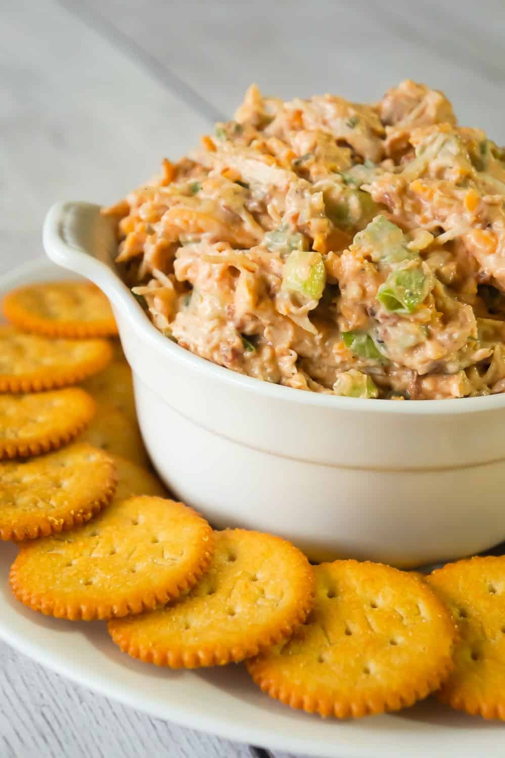 BBQ Chicken Dip is a delicious cold party dip recipe perfect for serving with Ritz Crackers. This flavourful dip is loaded with shredded chicken, crumbled bacon, cheese and BBQ sauce.