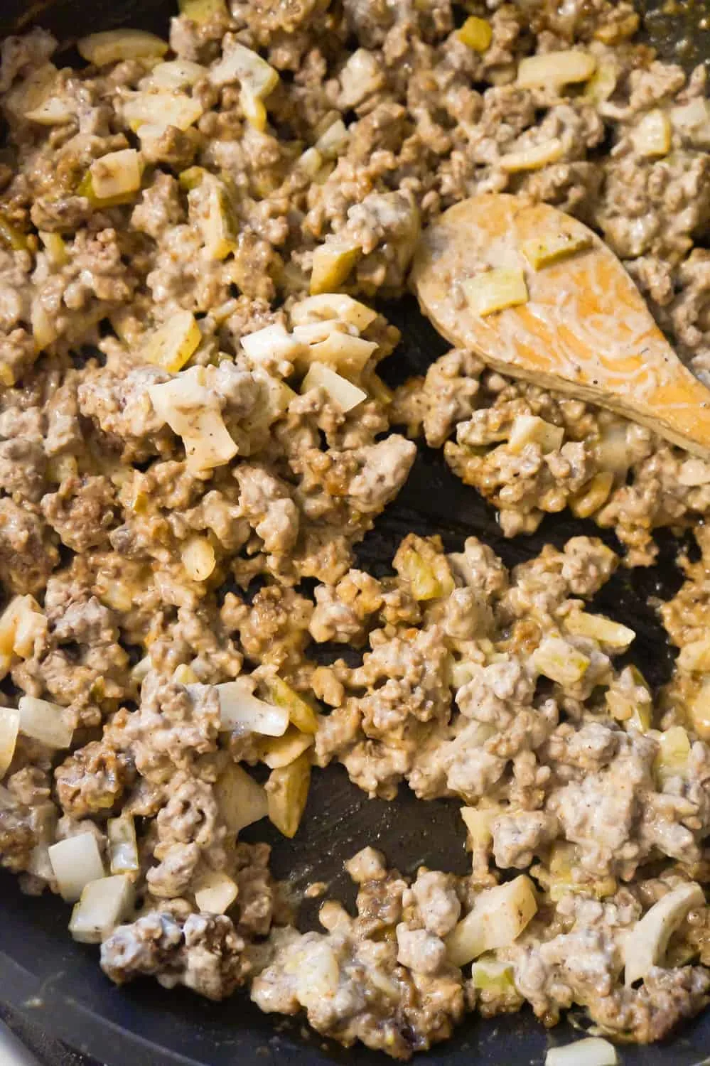 ground beef mixture in a frying pan