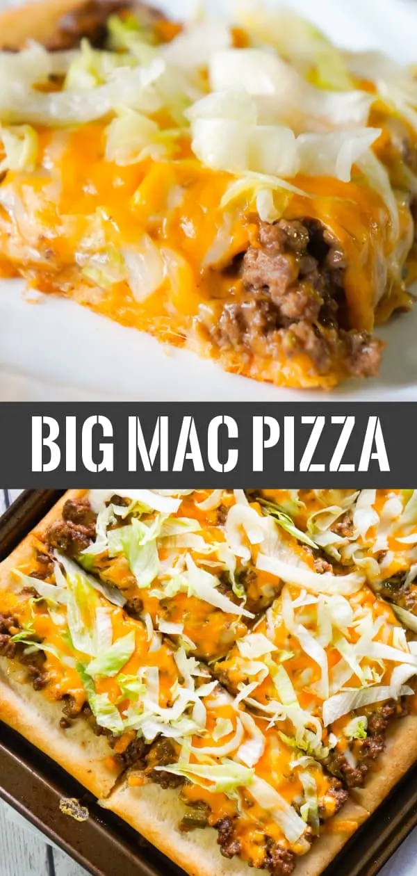 Big Mac Pizza is an easy ground beef dinner recipe that will please both kids and adults. This simple pizza is made with Pillsbury crust and loaded with ground beef, onions, dill pickles, cheddar cheese, homemade Big Mac sauce and shredded lettuce.