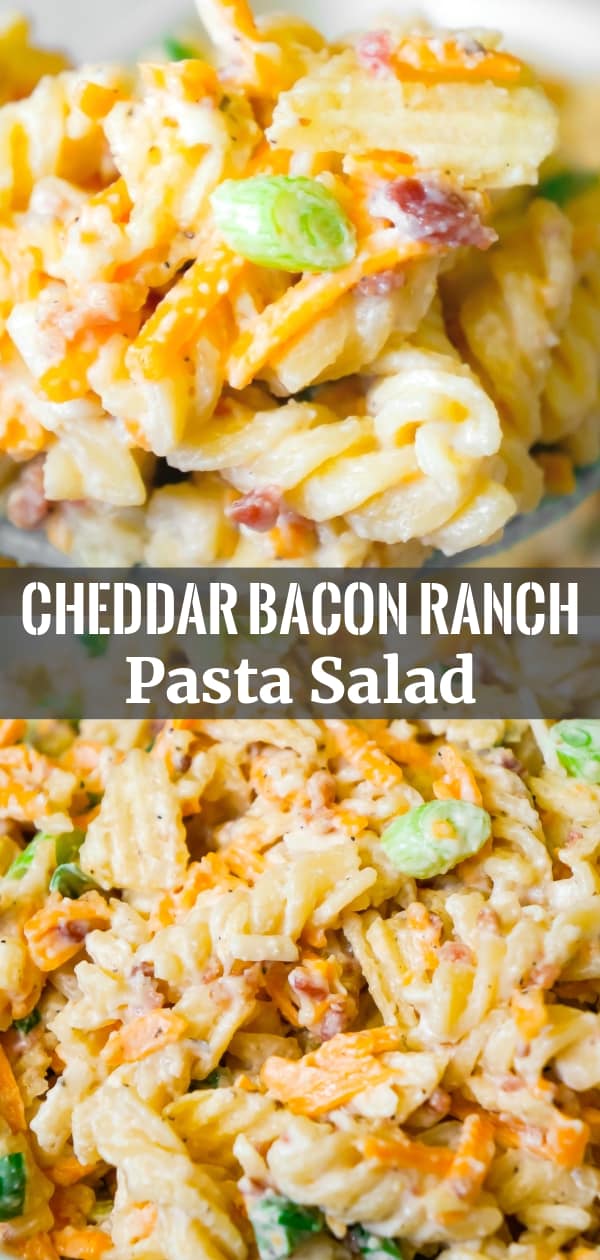 Cheddar Bacon Ranch Pasta Salad is a quick and easy cold side dish recipe perfect for summer. This creamy pasta salad is loaded with shredded cheddar cheese, bacon, green onions and crumbled potato chips.