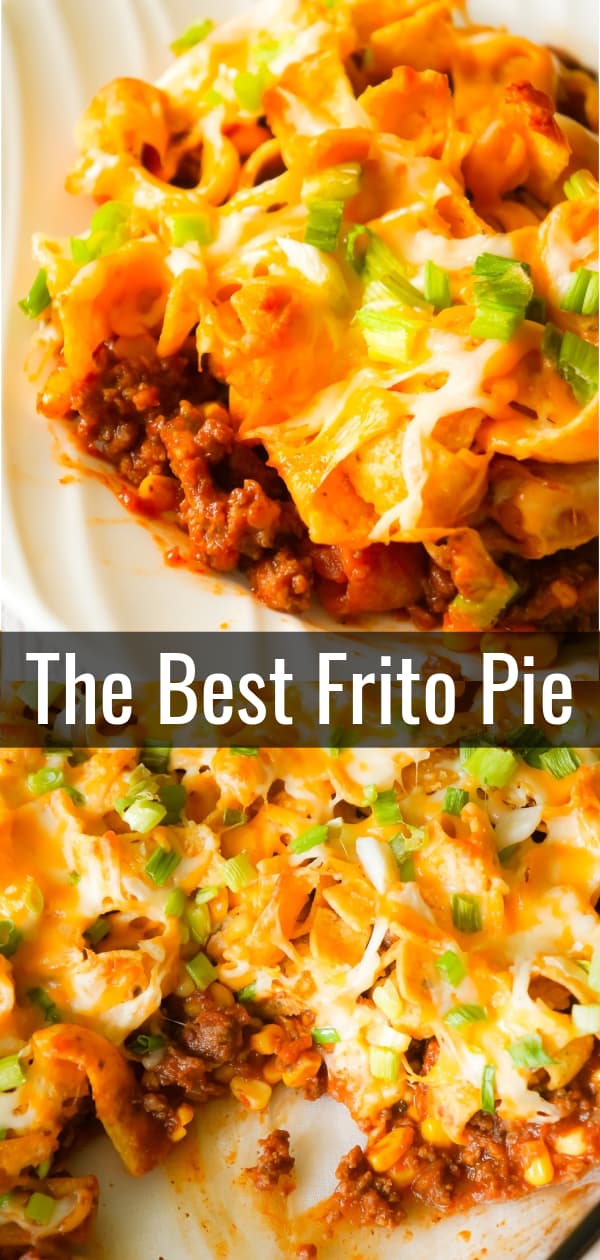 Frito Pie is an easy ground beef dinner recipe the whole family will love. This ground beef casserole starts with a chili base and is topped with Frito's corn chips, shredded cheese and green onions.