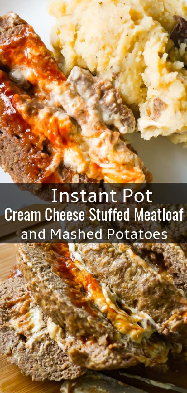 Instant Pot Cream Cheese Stuffed Meatloaf and Mashed Potatoes is an easy dinner recipe all cooked together in the Instant Pot. This delicious meatloaf is stuffed with Philadelphia Chive Whipped Cream Cheese and Sweet Baby Ray's BBQ Sauce.