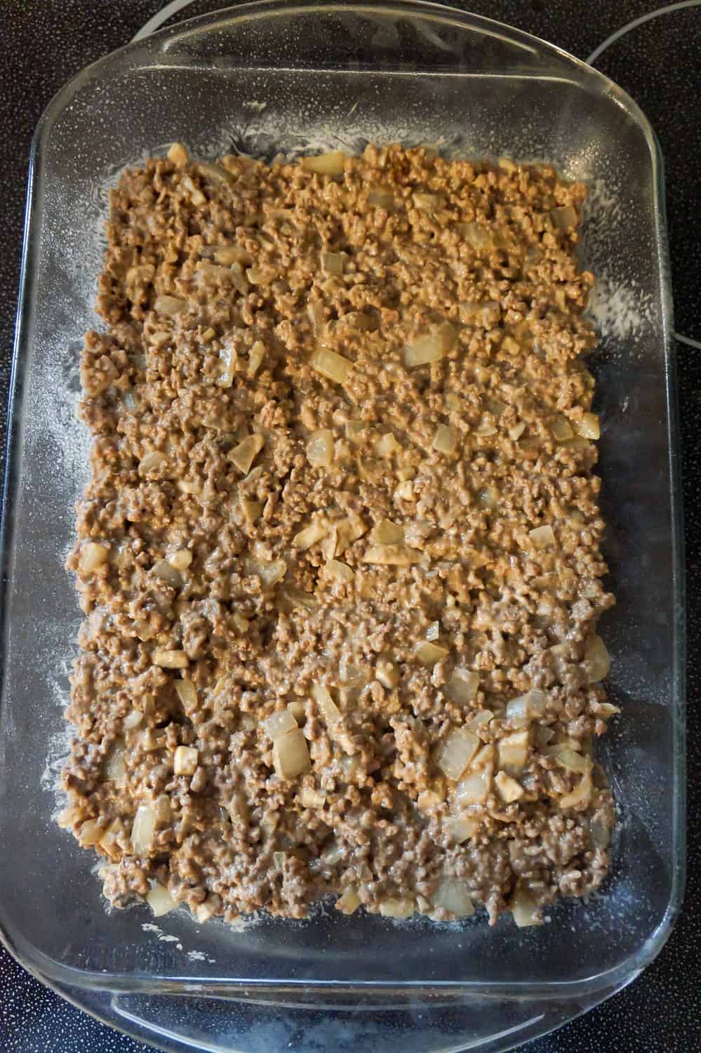 ground beef mixture in a 9 x 13 inch glass baking dish