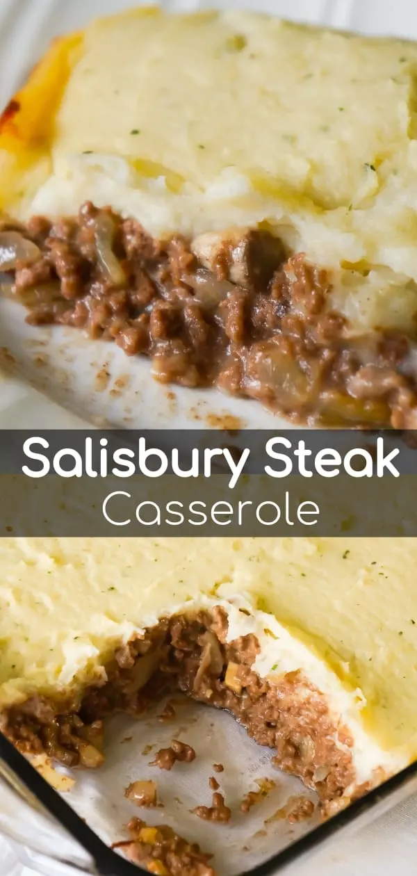 Salisbury Steak Casserole is an easy ground beef dinner recipe perfect for weeknights. This hearty casserole is loaded with ground beef, mushroom and onions in a creamy mushroom gravy and topped with instant mashed potatoes.