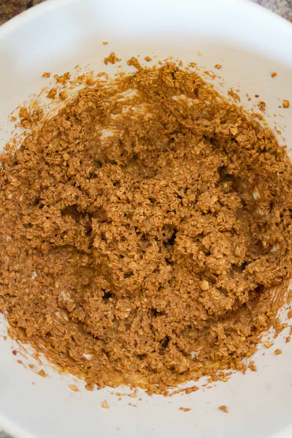 chocolate peanut butter oatmeal cookie dough in a mixing bowl