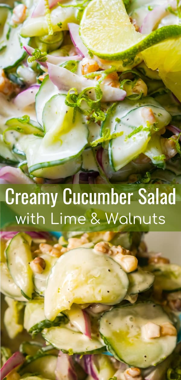 Creamy Cucumber Salad with Lime is a delicious summer side dish recipe using English cucumbers, fresh limes, red onions and chopped walnuts.