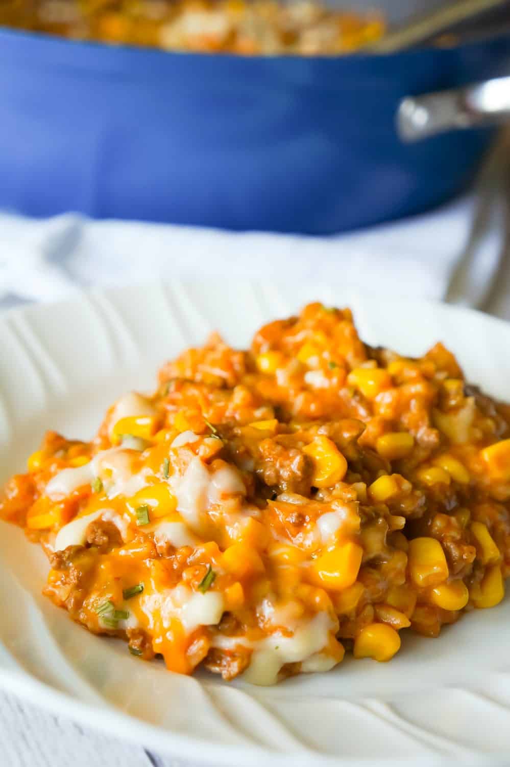 One Pot Mexican Ground Beef and Rice is a stove top dinner recipe loaded with ground beef, rice, salsa, corn and cheese. This cheesy ground beef and rice casserole is an easy dinner recipe perfect for weeknights.