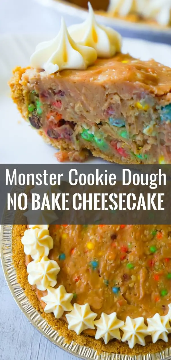 No Bake Monster Cookie Dough Cheesecake is a delicious dessert recipe with a graham cookie crust, filled with a monster cookie dough and cream cheese mixture and topped with cream cheese frosting.