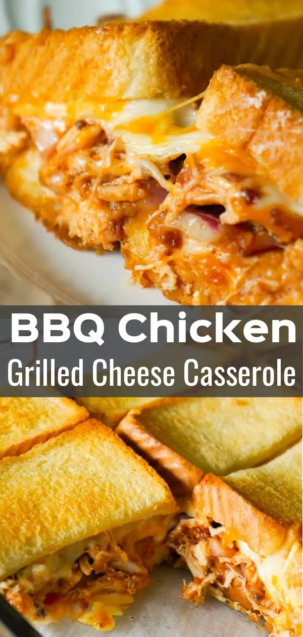 BBQ Chicken Grilled Cheese Casserole is an easy weeknight dinner recipe using shredded rotisserie chicken and loaded with BBQ sauce, bacon, cheddar and mozzarella.