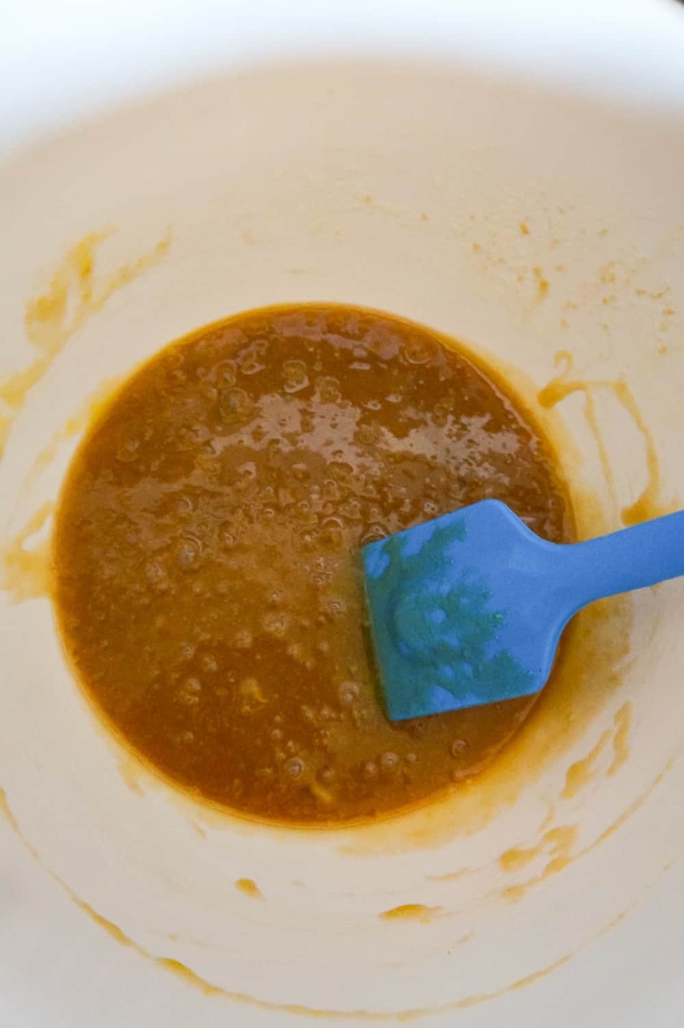 butter, egg and sugar mixture in a mixing bowl