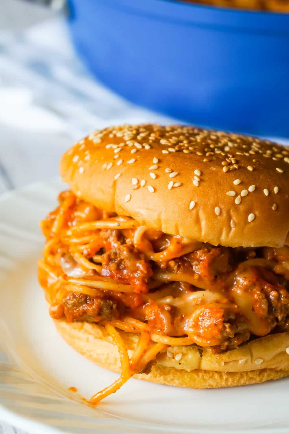 Cheesy Spaghetti Sloppy Joes are an easy ground beef dinner recipe loaded with spaghetti, marinara sauce and mozzarella cheese.