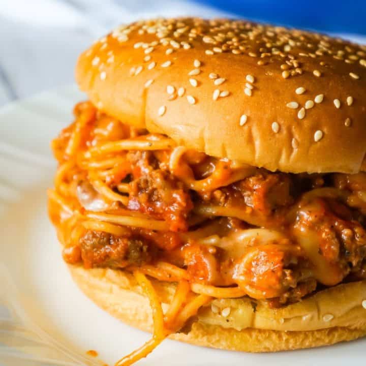 Cheesy Spaghetti Sloppy Joes are an easy ground beef dinner recipe loaded with spaghetti, marinara sauce and mozzarella cheese.