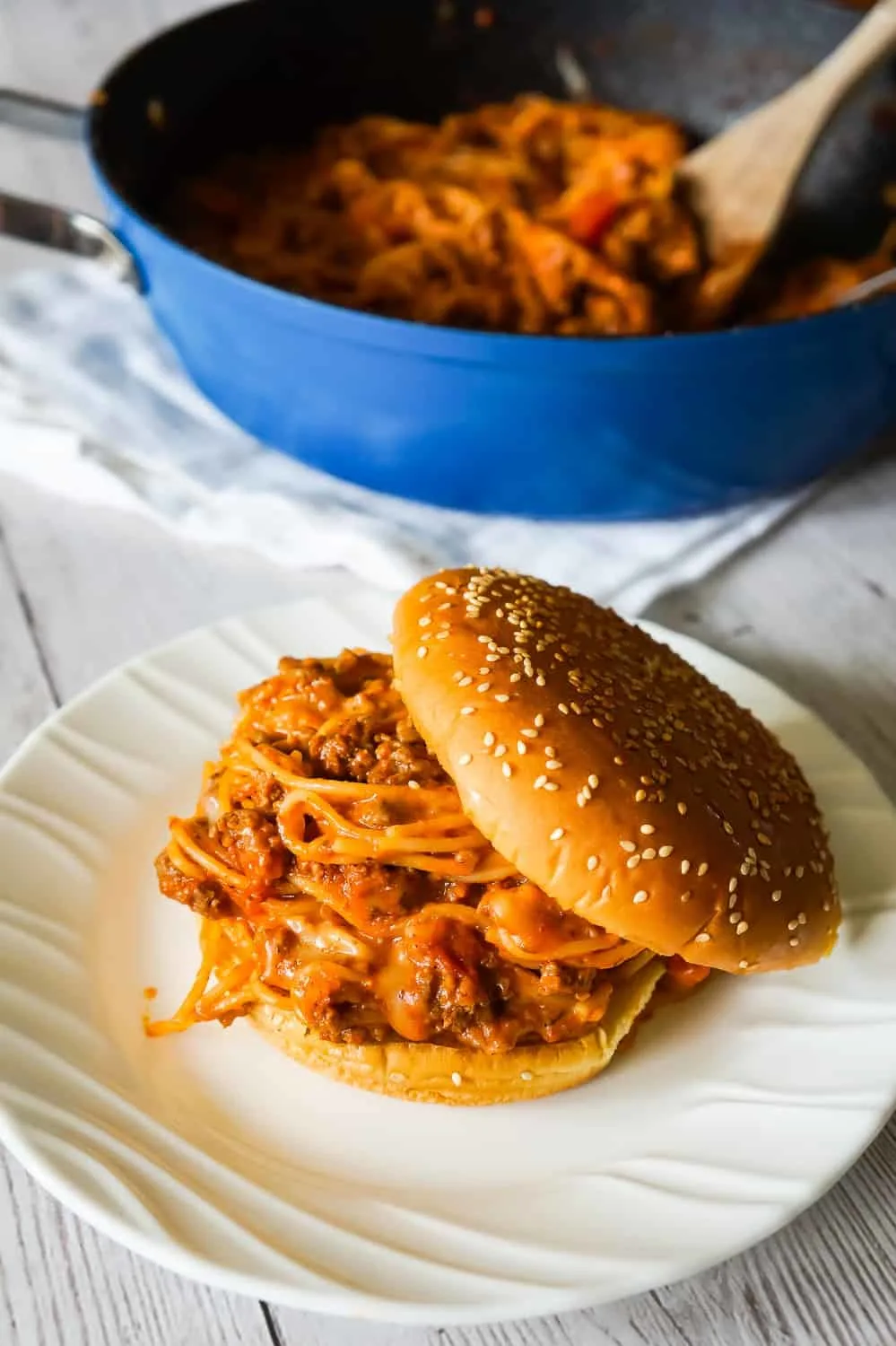 Cheesy Spaghetti Sloppy Joes are an easy ground beef dinner recipe loaded with spaghetti, marinara sauce and mozzarella cheese.