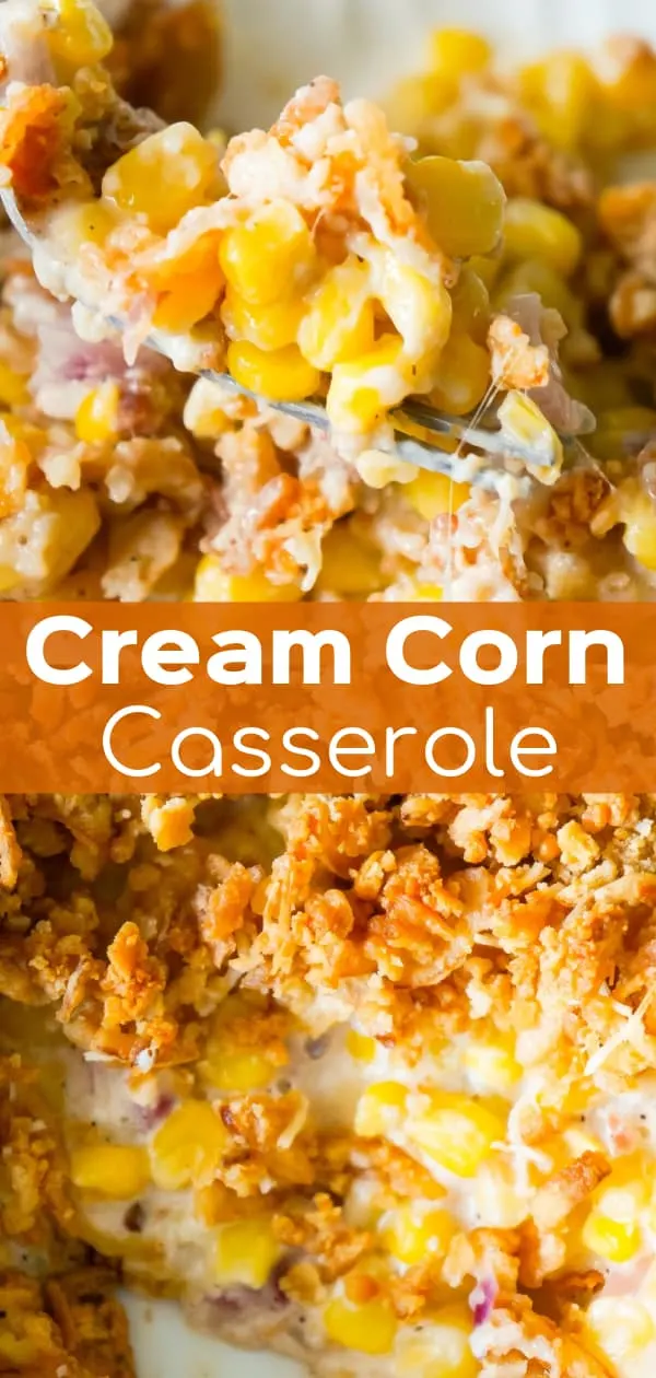 Cream Corn Casserole is an easy side dish recipe loaded with cream of bacon soup, red onions, Parmesan cheese, Ritz crackers and French's fried onions.