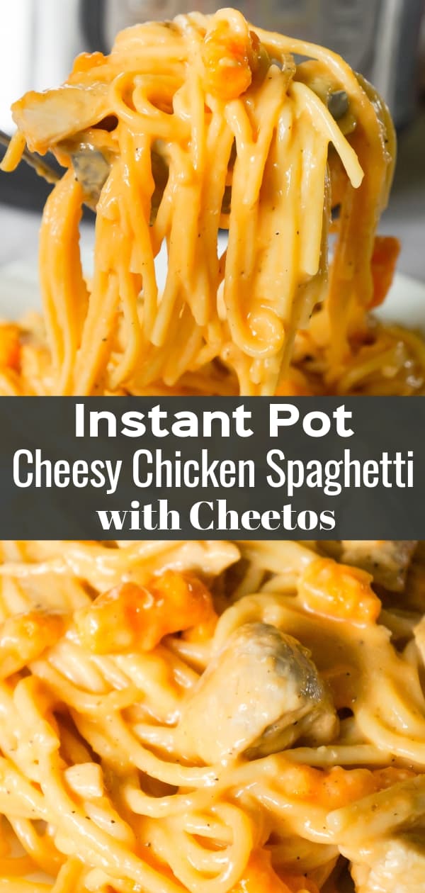 Instant Pot Cheesy Chicken Spaghetti is an easy pressure cooker spaghetti recipe loaded with chicken breast chunks, mozzarella cheese, cheddar cheese and Cheetos.