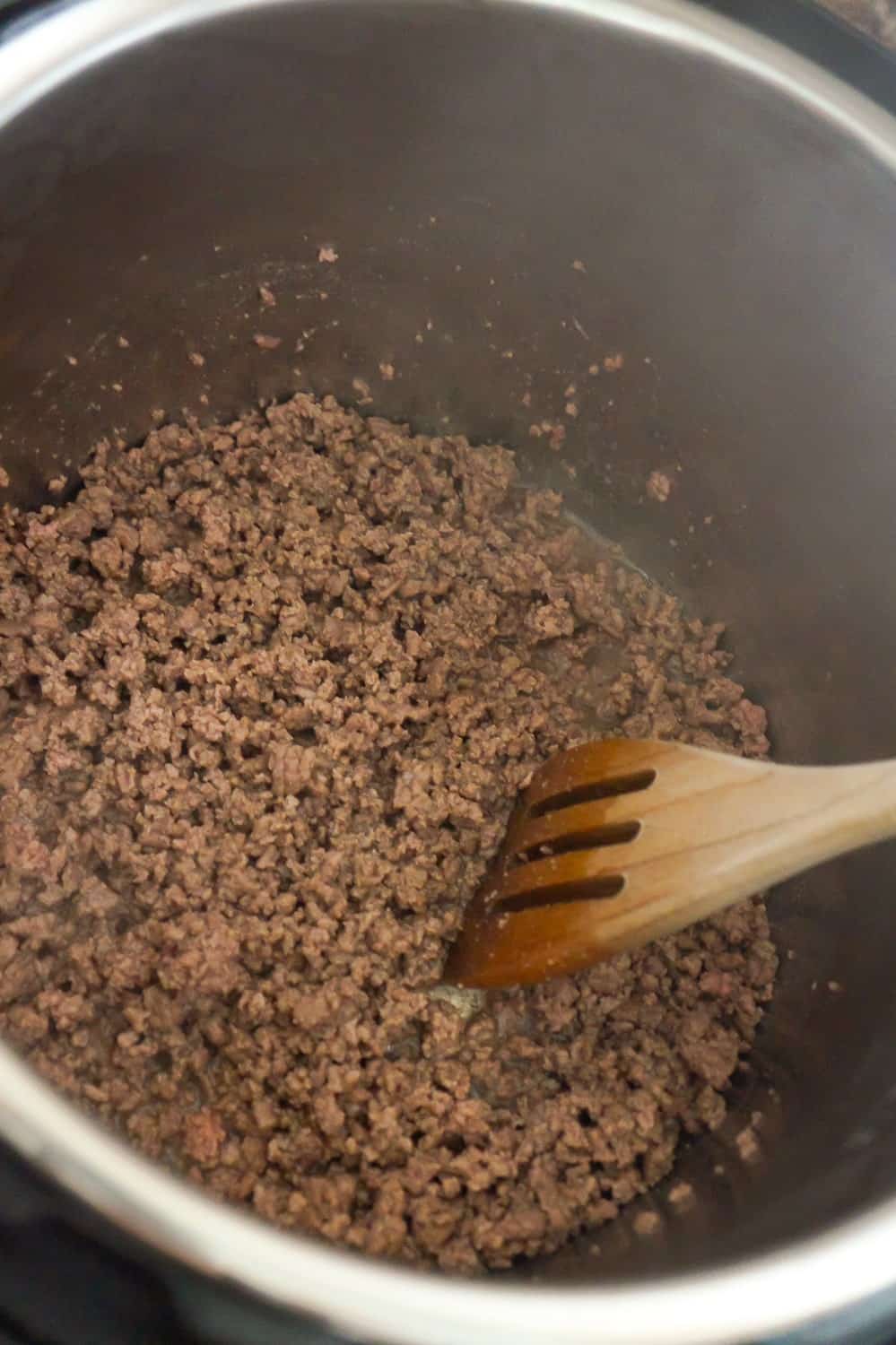 crumbled, cooked ground beef in an Instant Pot