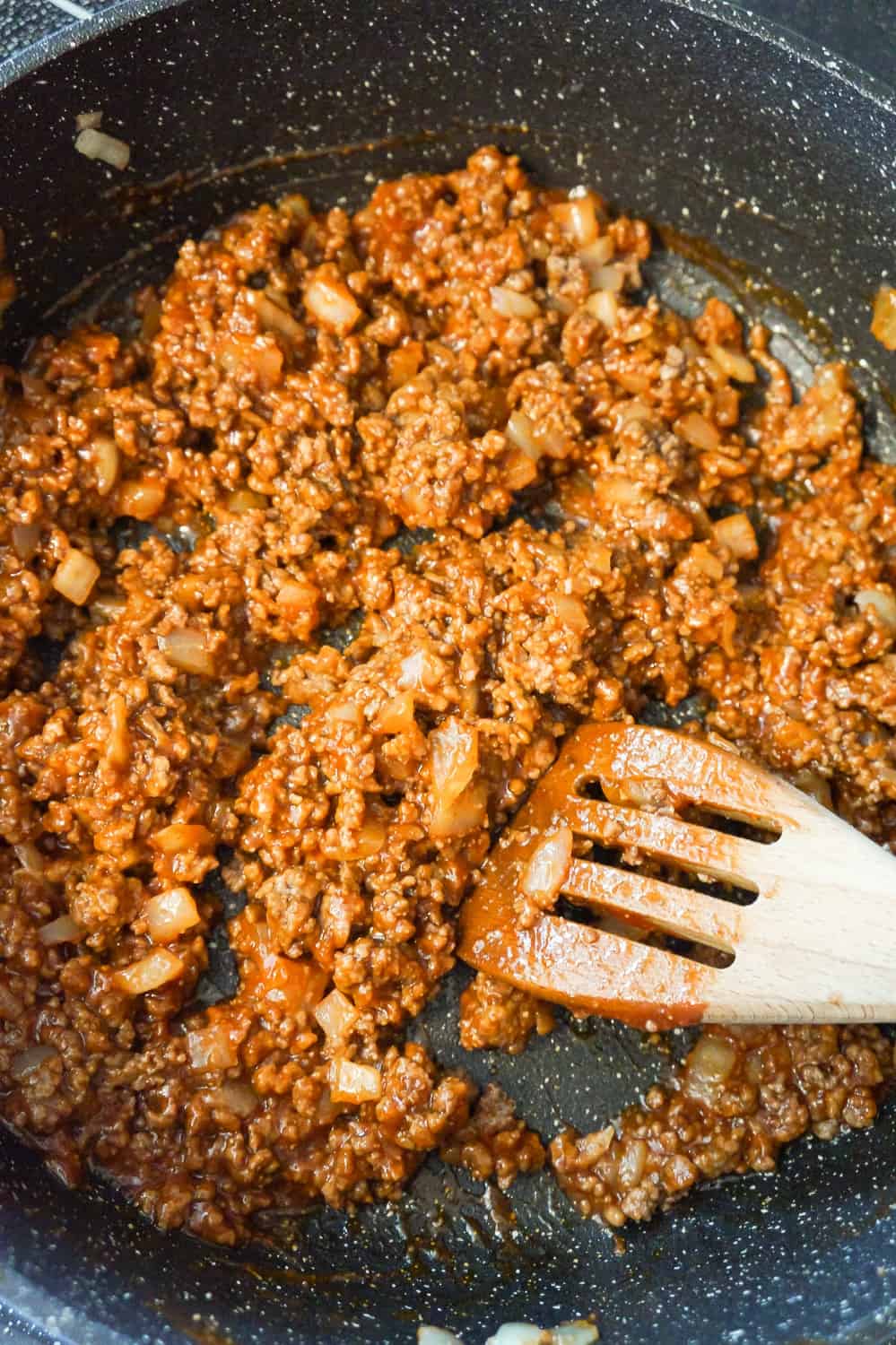 ground beef sloppy joe mixture in a saute pan