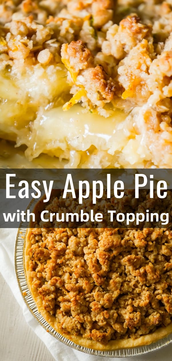 Apple Pie with Crumble Topping is an easy apple pie recipe using store bought crust and pie filling topped with a homemade crumble topping with hints of cinnamon and citrus.