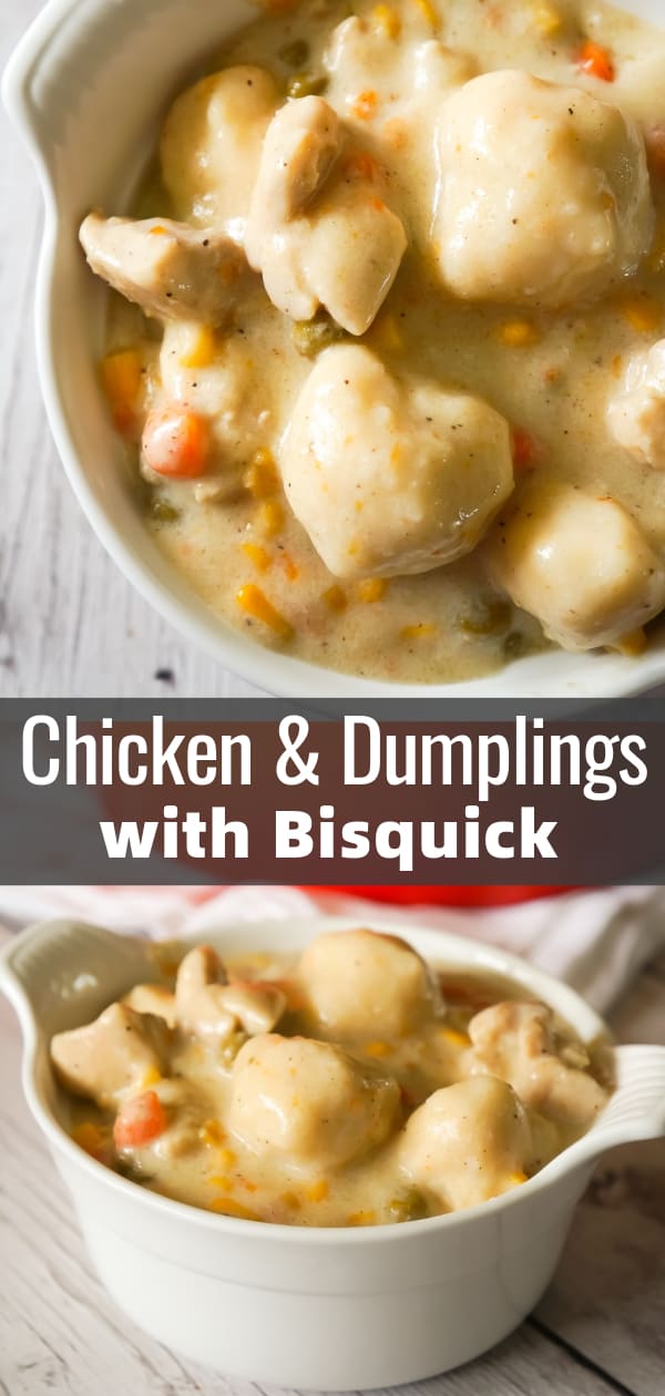 Chicken and Dumplings with Bisquick is a hearty comfort food dish loaded with pieces of chicken, carrots, peas, corn and dumplings made from Bisquick.