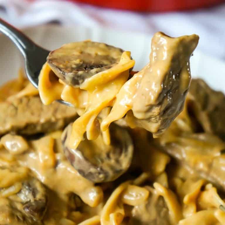 Easy Beef Stroganoff is a delicious one pot dinner recipe loaded with steak strips, onions, mushrooms and egg noodles in a sour cream and beef gravy sauce.