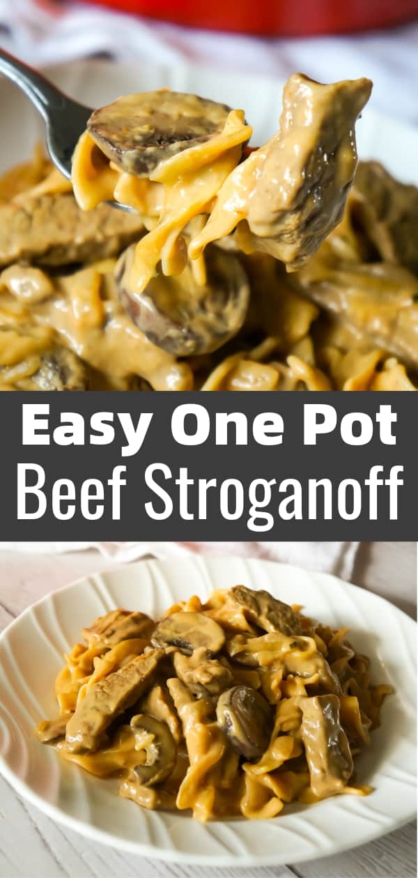 Easy Beef Stroganoff is a delicious one pot dinner recipe loaded with steak strips, onions, mushrooms and egg noodles in a sour cream and beef gravy sauce.