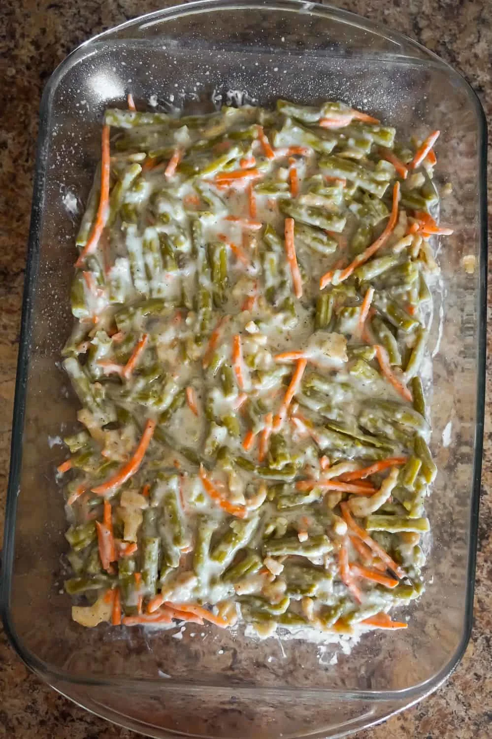 green bean casserole mixture in a baking dish