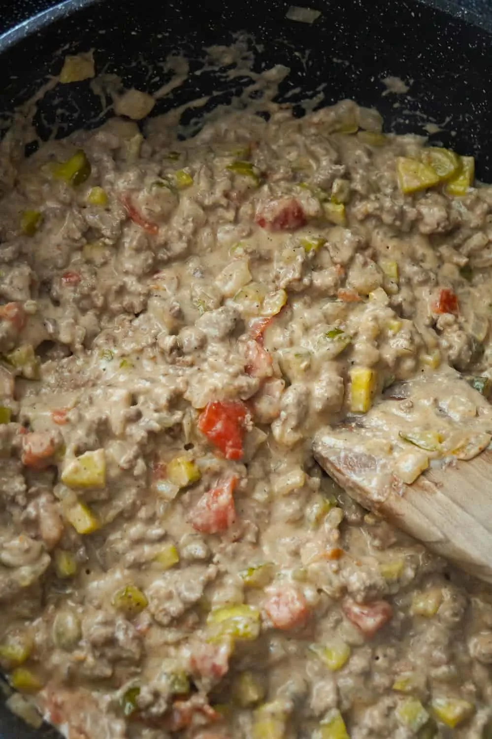 creamy ground beef mixture in a saute pan
