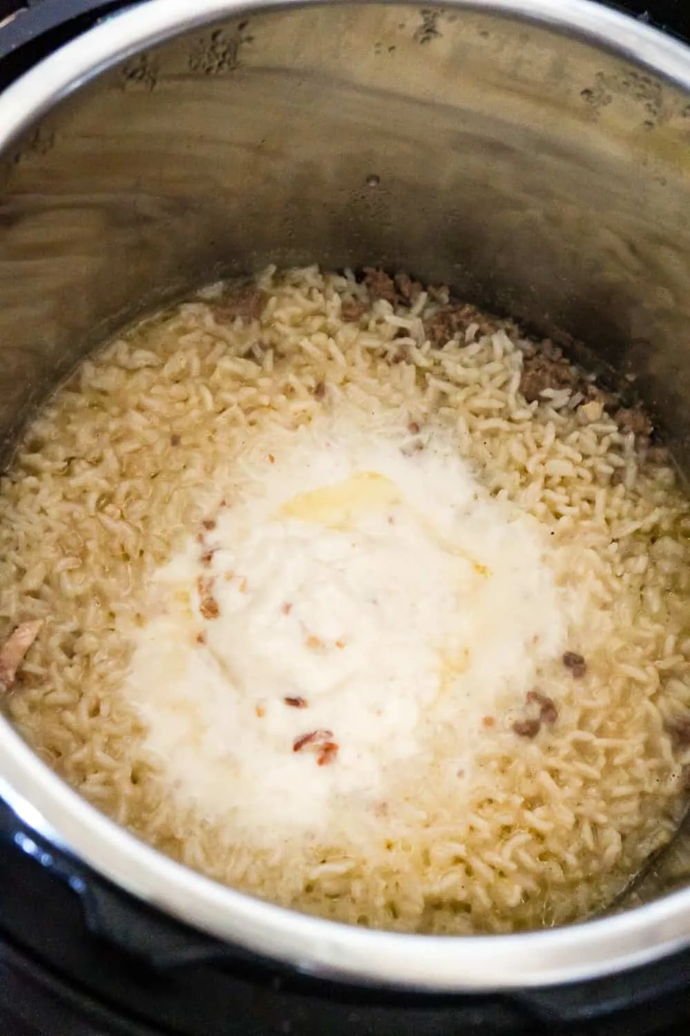 ground beef and rice after cooking in an Instant Pot