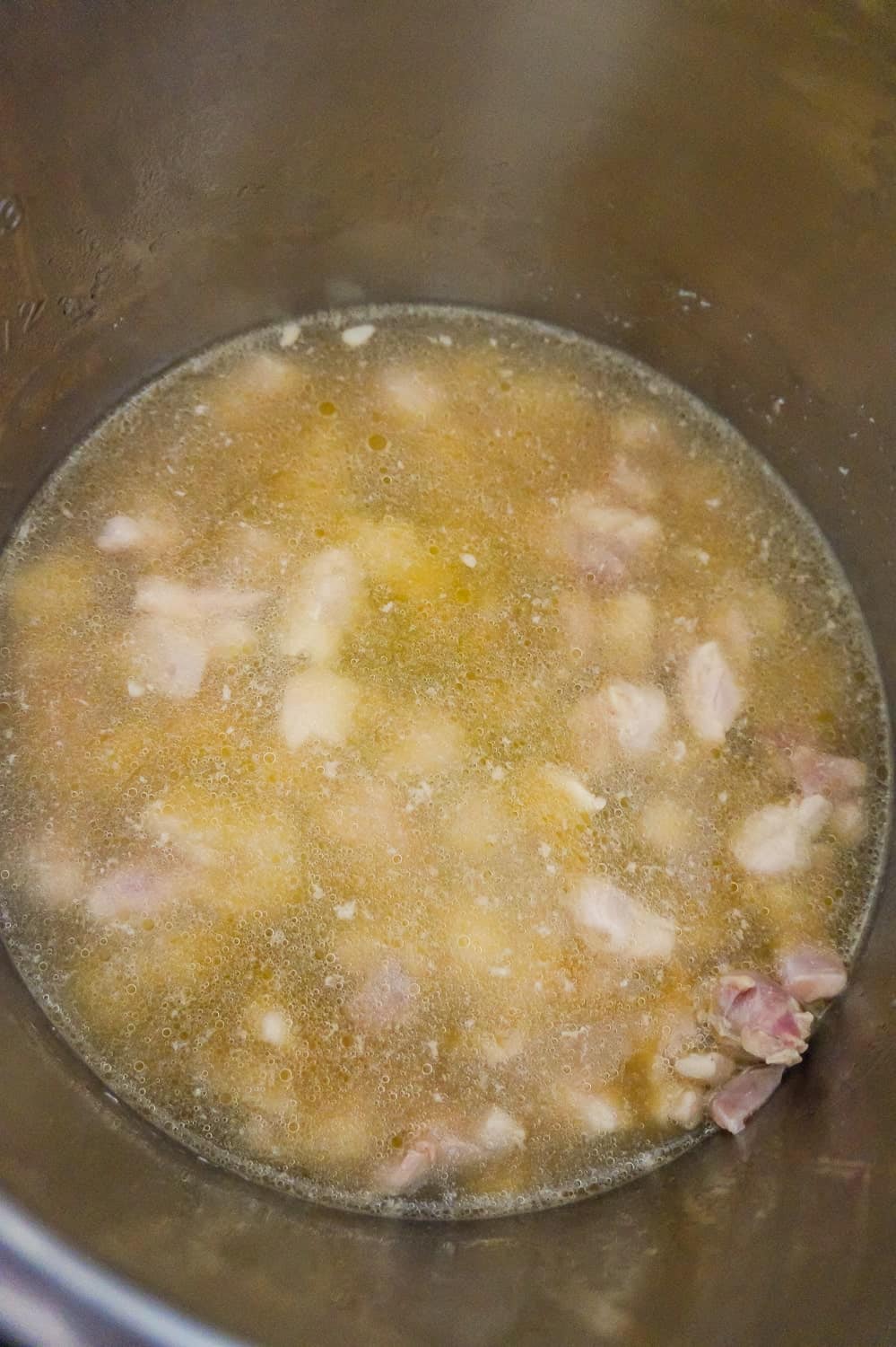 chicken chunks and chicken broth in an Instant Pot