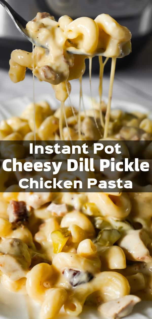 Instant Pot Cheesy Dill Pickle Chicken Pasta is an easy pressure cooker pasta recipe loaded with chunks of chicken, chopped dill pickle, crumbled bacon, cheddar, mozzarella and ranch dressing.