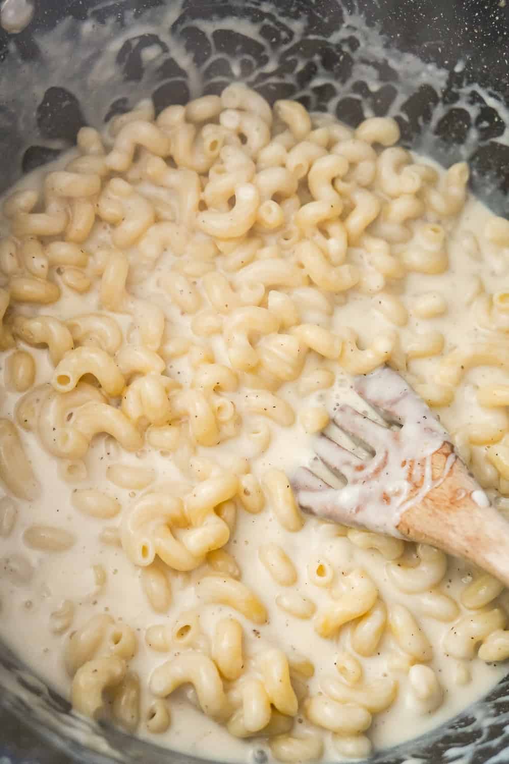 creamy cavatappi pasta in a large pot
