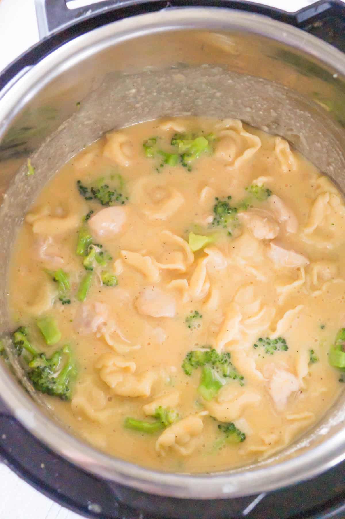 Instant Pot Cheesy Tortellini with Chicken and Broccoli is a delicious pressure cooker pasta recipe loaded with chunks of chicken breast and broccoli florets all tossed in a creamy cheese sauce.