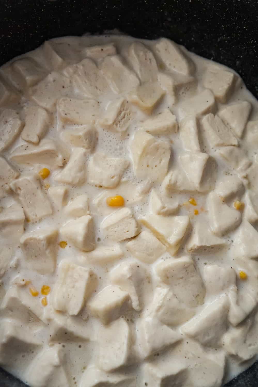 pillsbury biscuit pieces floating in creamy turkey soup