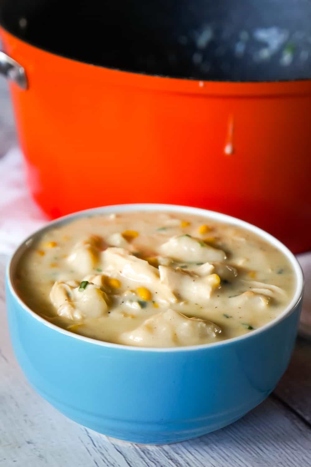 Creamy Turkey Soup with Dumplings is a hearty soup recipe loaded with leftover turkey, corn and Pillsbury biscuit dumplings.