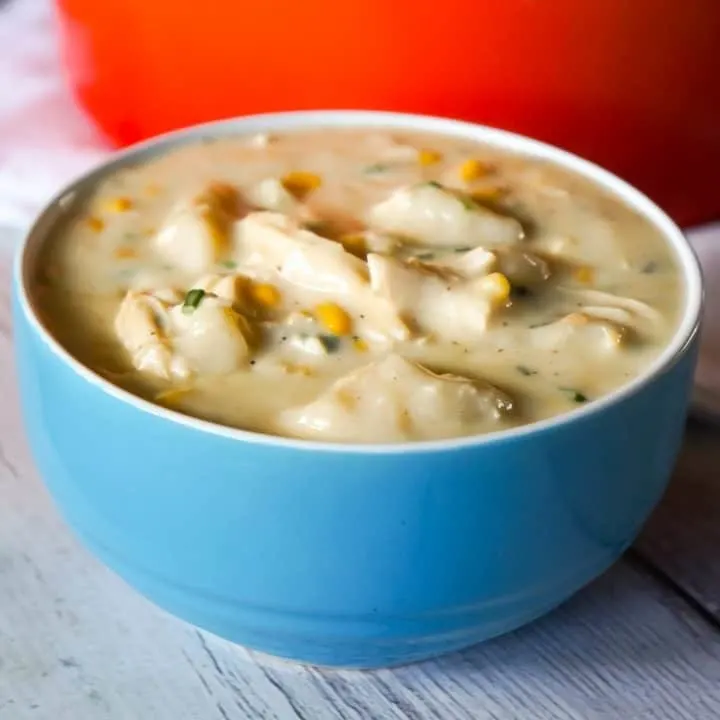 Creamy Turkey Soup with Dumplings is a hearty soup recipe loaded with leftover turkey, corn and Pillsbury biscuit dumplings.