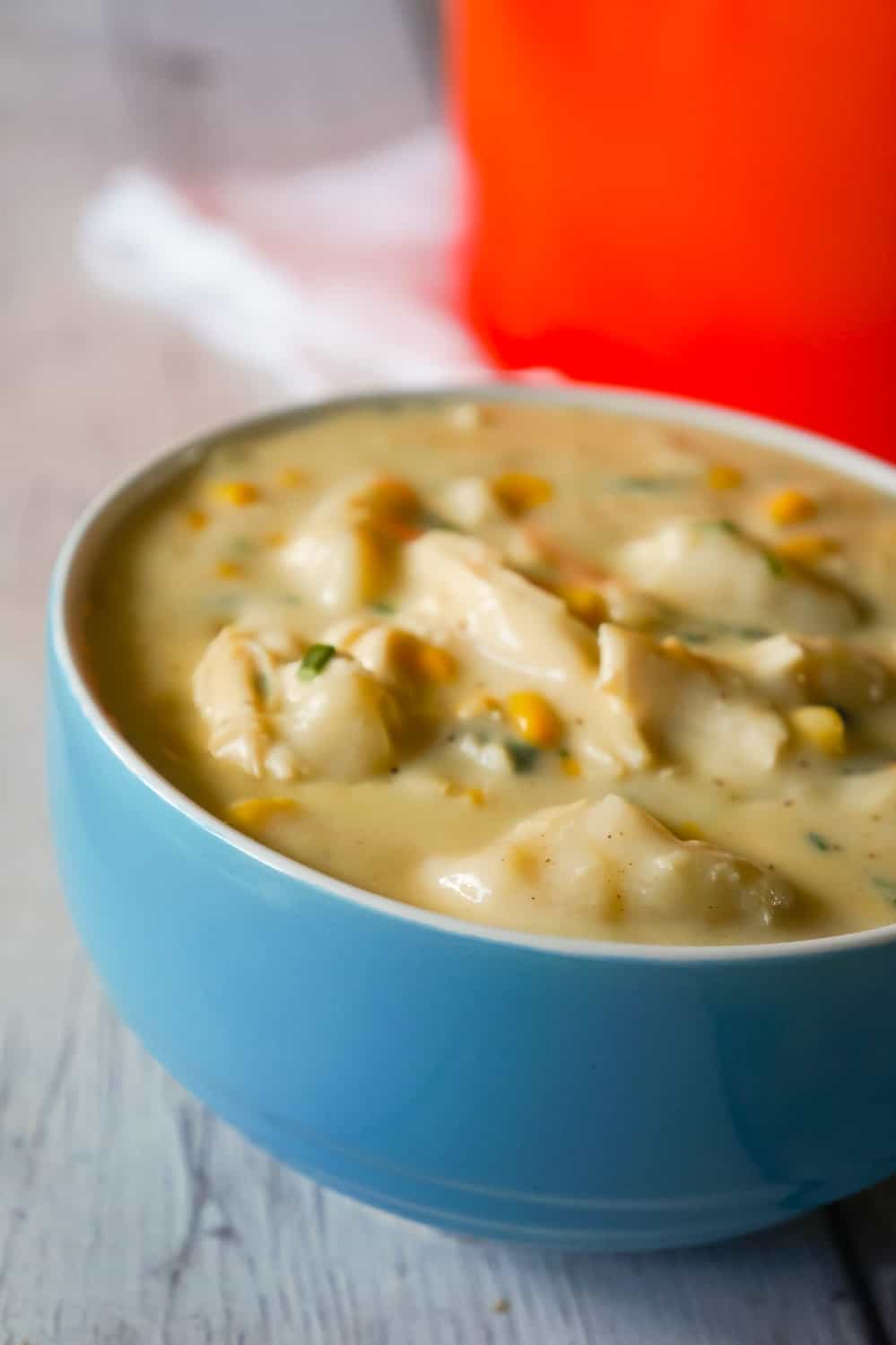 Creamy Turkey Soup with Dumplings is a hearty soup recipe loaded with leftover turkey, corn and Pillsbury biscuit dumplings.