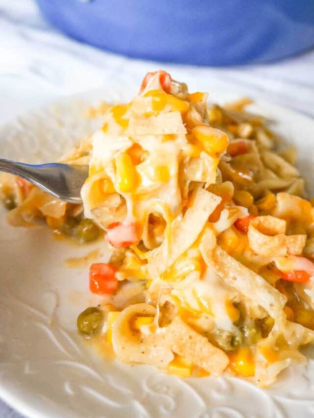 One Pot Chicken Noodle Casserole is a hearty stove top dinner recipe loaded with egg noodles, shredded rotisserie chicken and veggies, topped with cheese and crispy fried Wonton strips.