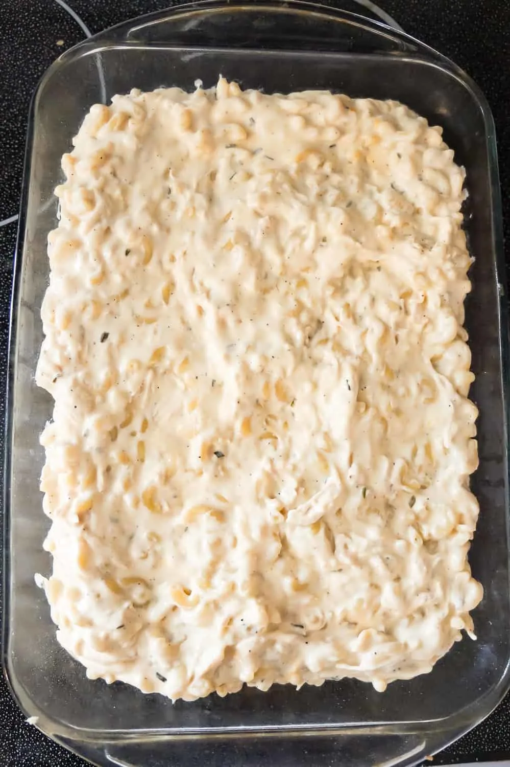 creamy macaroni and cheese in a baking dish