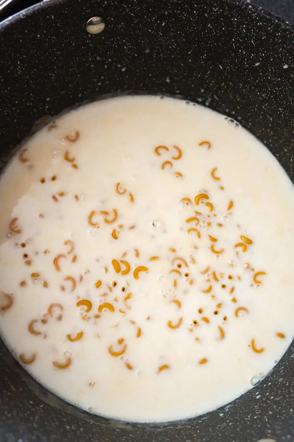 milk and uncooked macaroni in a large pot