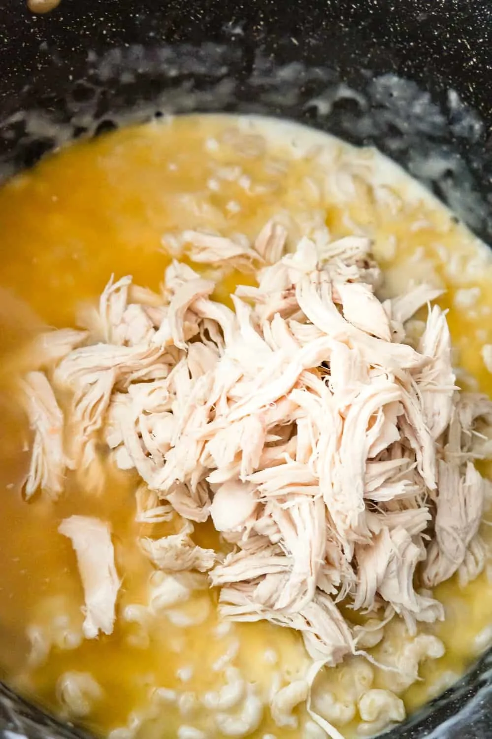 chicken broth and shredded chicken on top of macaroni in a large pot