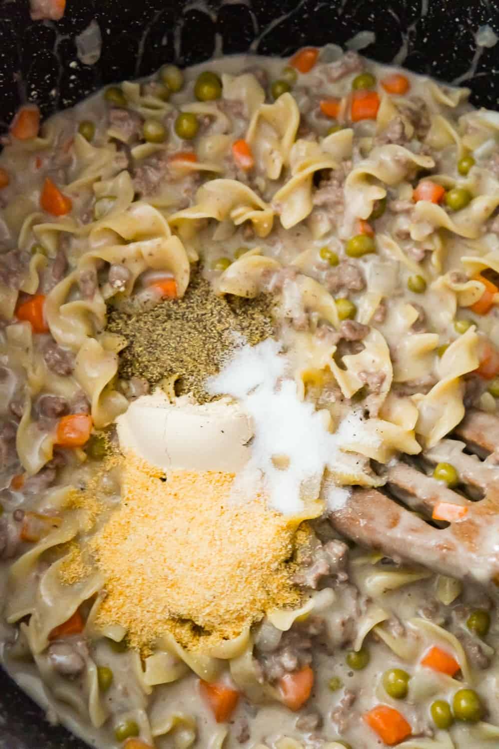 spices on top of hamburger and noodle mixture in a large pot