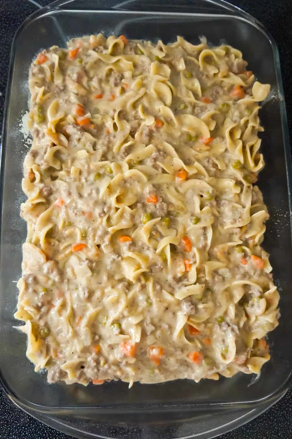 beef noodle casserole in a baking dish