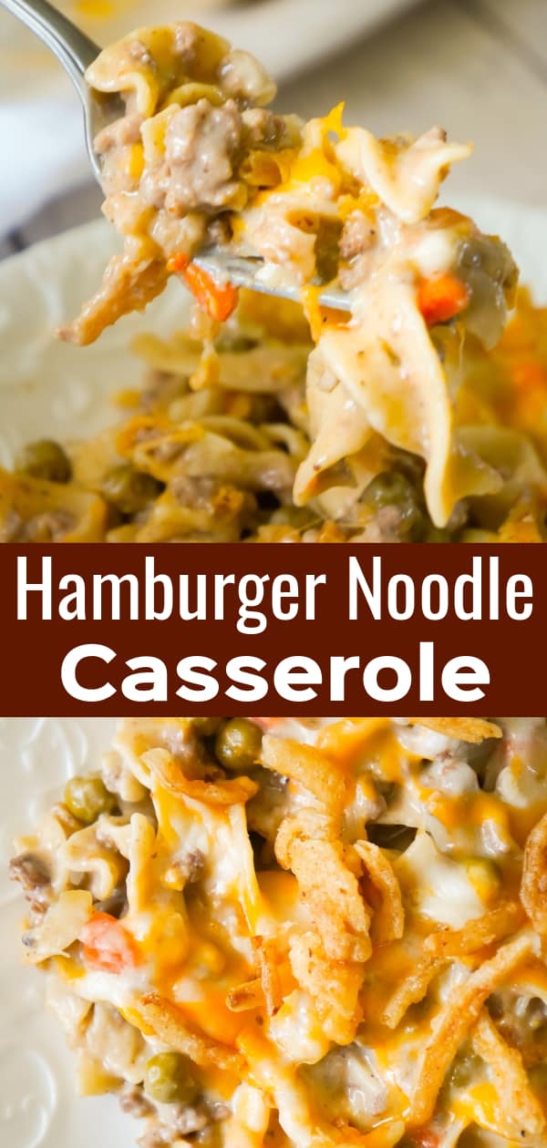 Hamburger Noodle Casserole is an easy ground beef casserole recipe loaded with egg noodles, veggies, cheese and crispy fried onions.