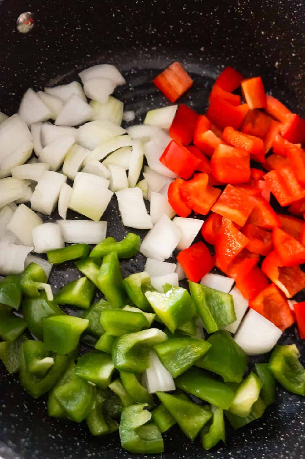 diced onion, diced green peppers and diced red peppers