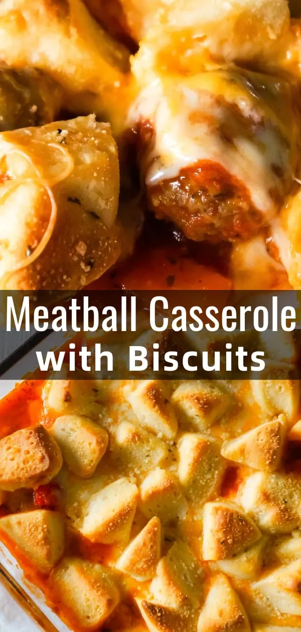 Meatball Casserole with Biscuits is an easy dinner recipe made with frozen meatballs, Pillsbury Biscuits, red and green peppers and loaded with mozzarella and cheddar cheese.