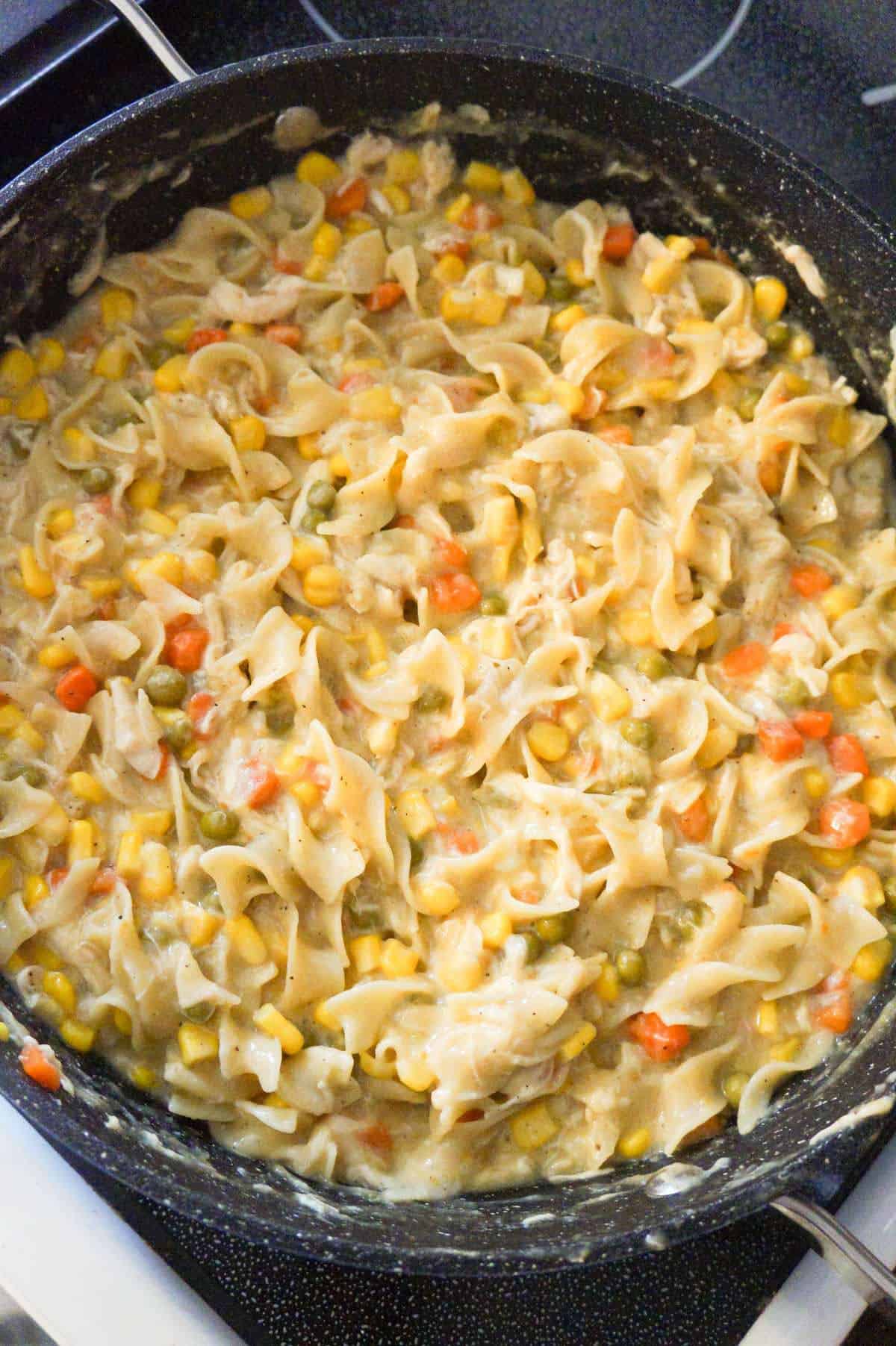 chicken noodle casserole in a pot on the stove