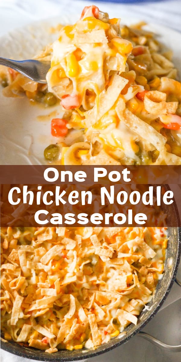 One Pot Chicken Noodle Casserole is a hearty stove top dinner recipe loaded with egg noodles, shredded rotisserie chicken and veggies, topped with cheese and crispy fried Wonton strips.