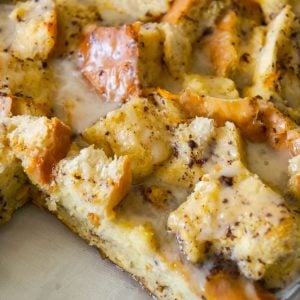 Overnight French Toast Casserole is an easy breakfast casserole recipe made with crusty French bread soaked in an egg mixture flavoured with ground cinnamon, fresh squeezed orange juice and orange zest.